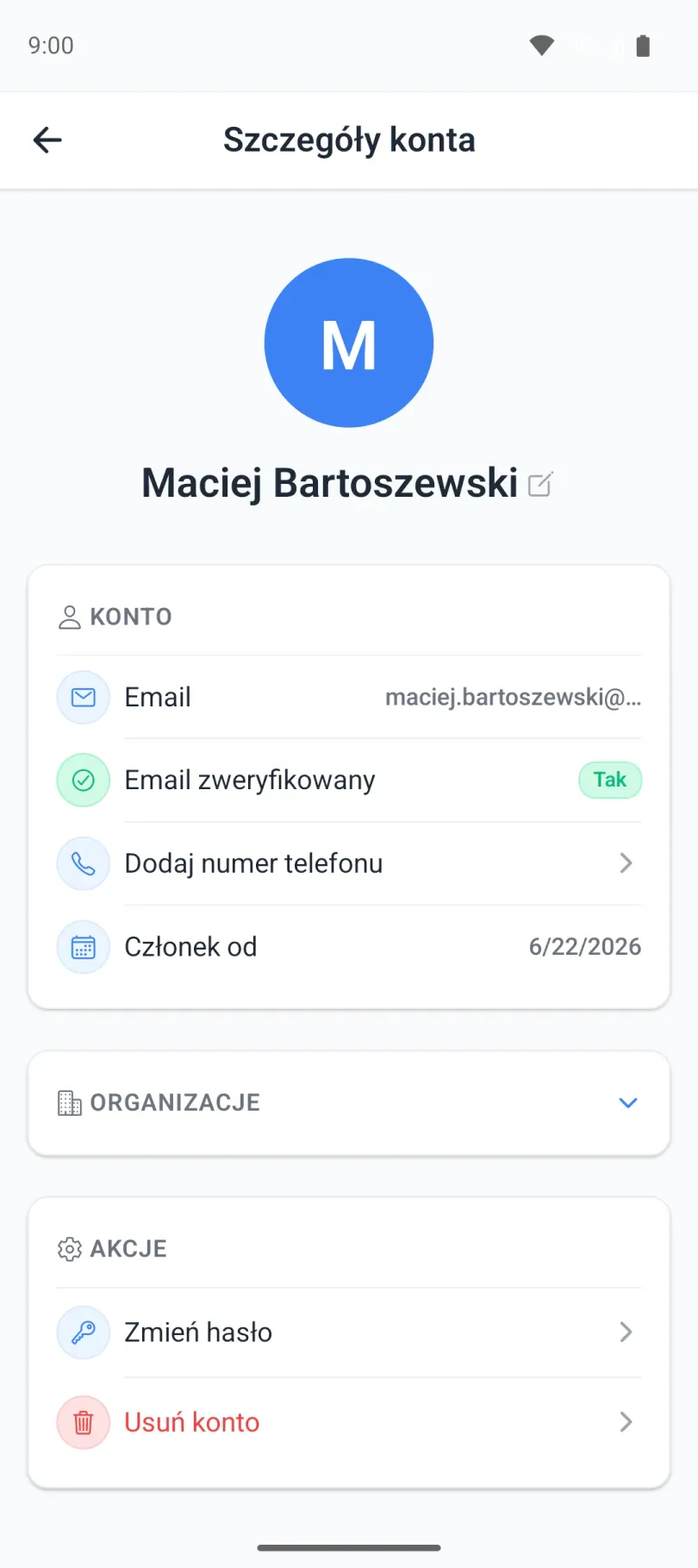 Ekran szczegółów konta użytkownika