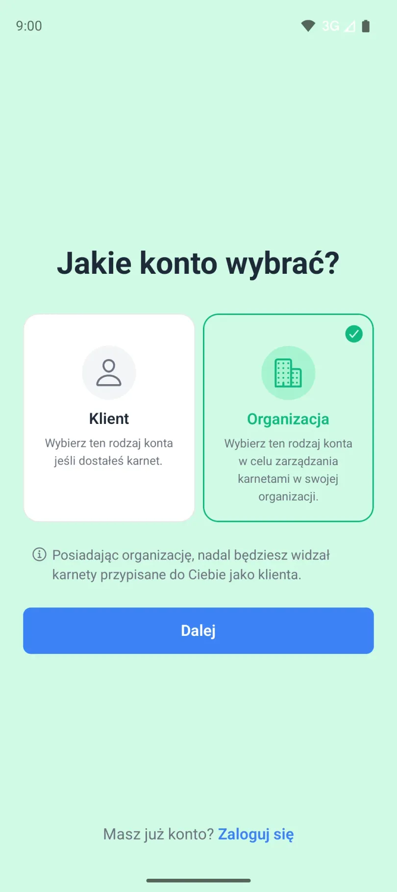 Ekran wyboru typu konta: Klient lub Organizacja