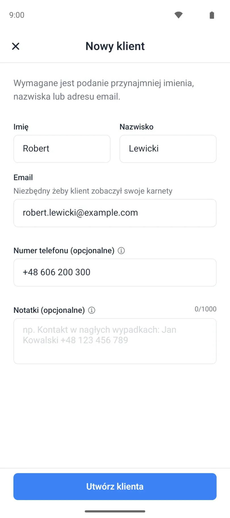 Formularz dodawania nowego klienta