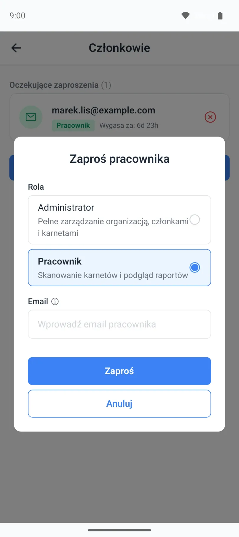 Formularz zapraszania pracownika z wyborem roli