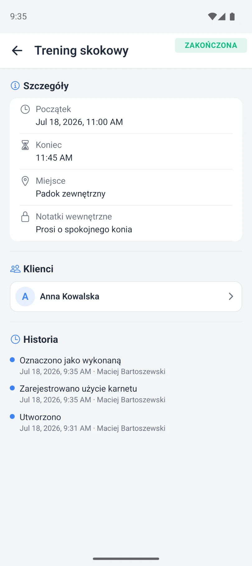 Szczegóły wizyty z pełną historią zdarzeń