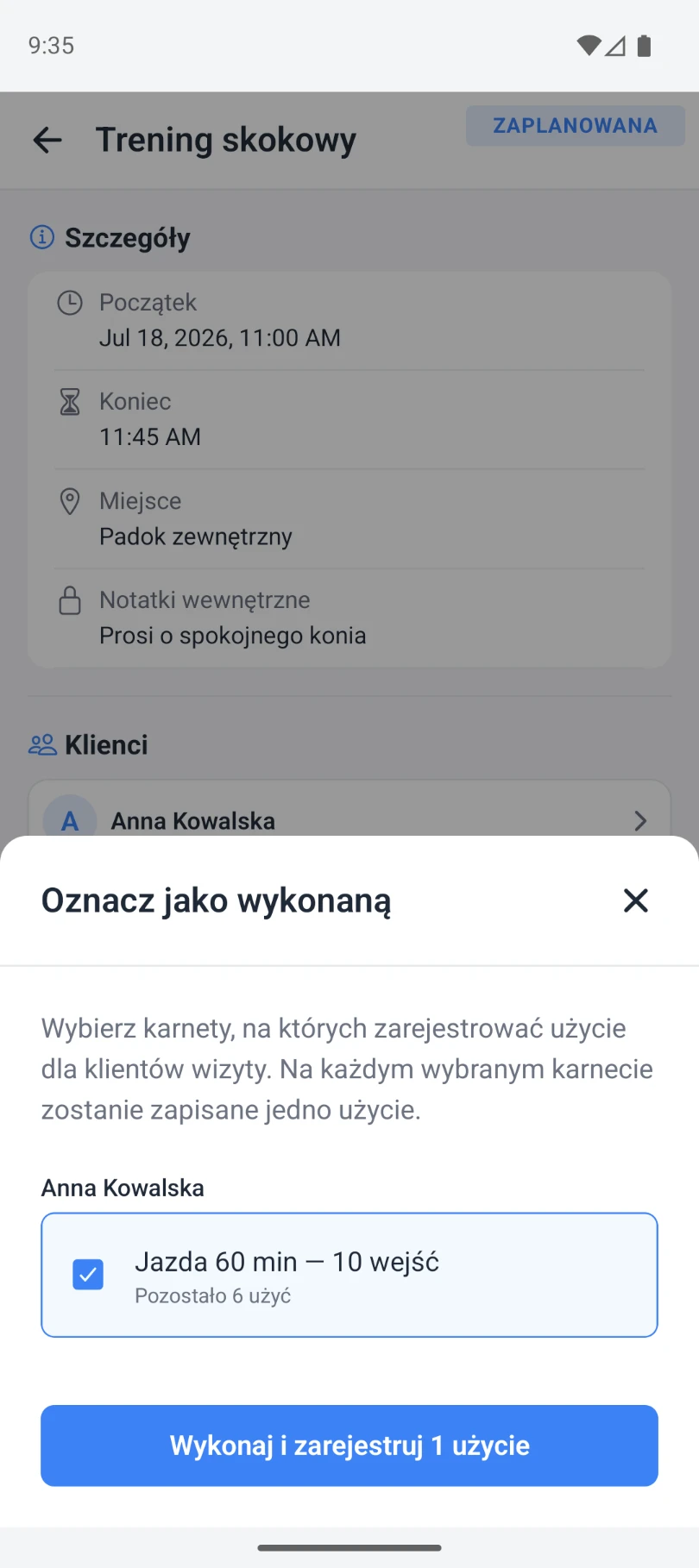 Oznaczanie wizyty jako wykonanej w aplikacji ProsteKarnety