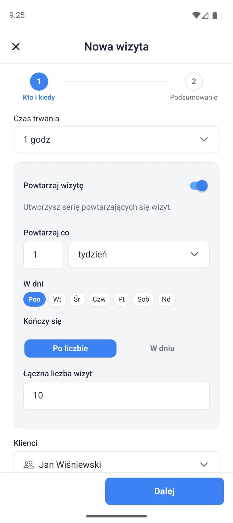 Ustawienia powtarzania wizyty cyklicznej