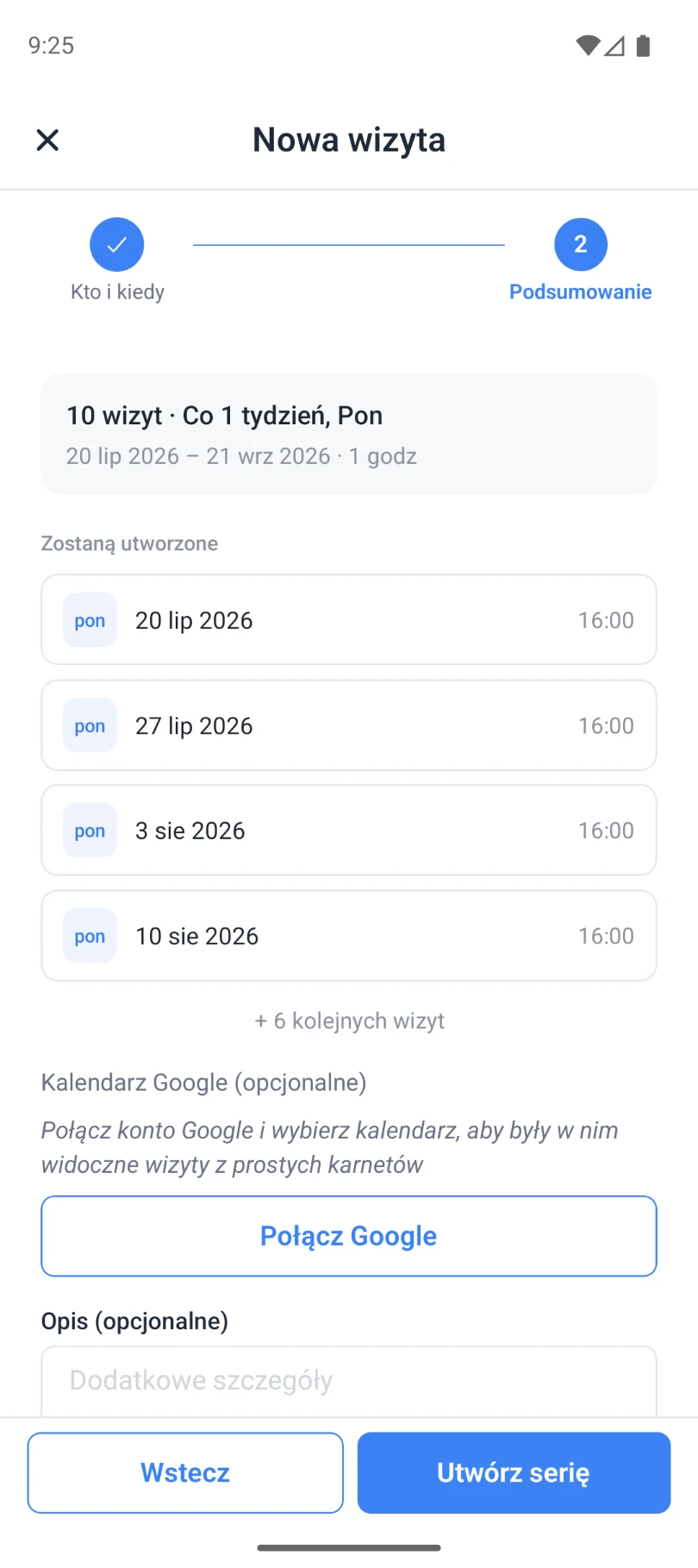 Kreator wizyty, krok Podsumowanie z listą terminów do utworzenia
