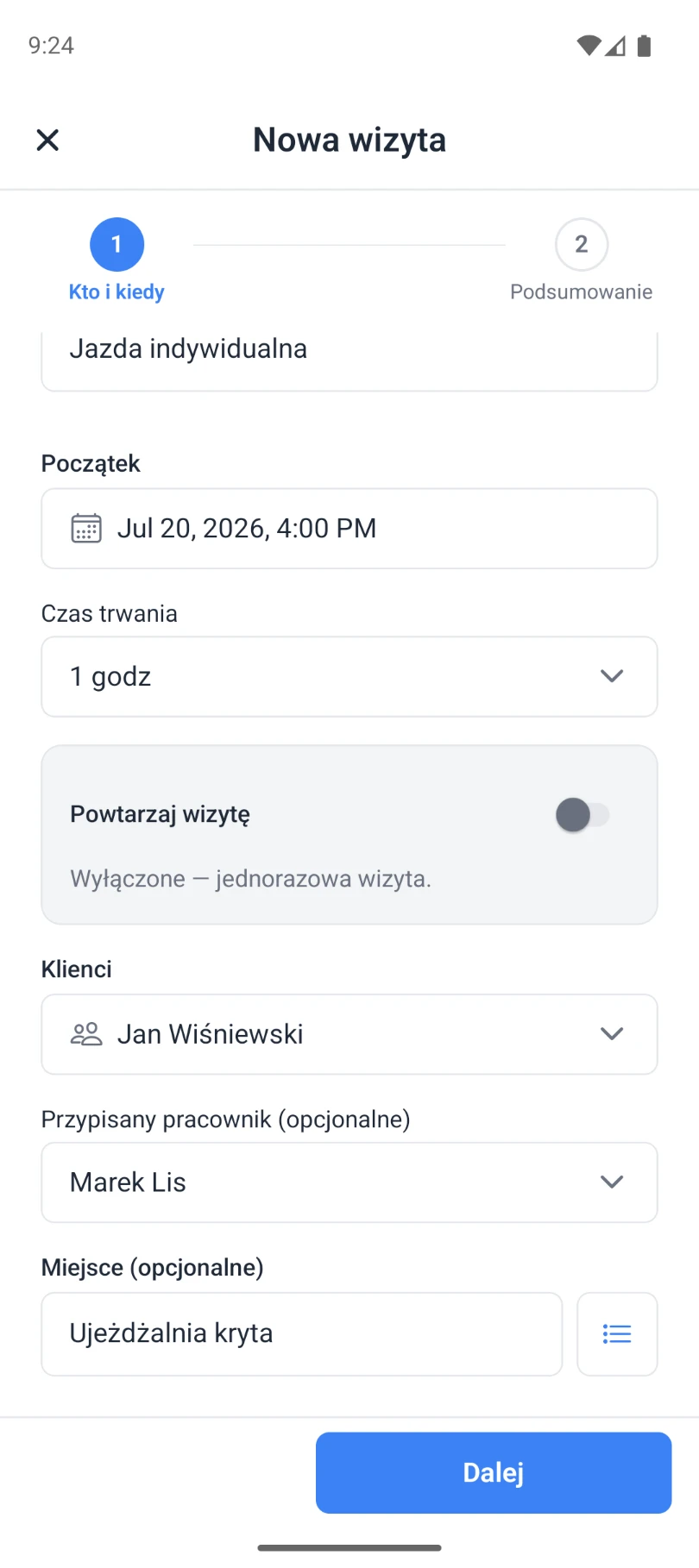 Kreator wizyty, krok Kto i kiedy: nazwa, termin, klienci i pracownik