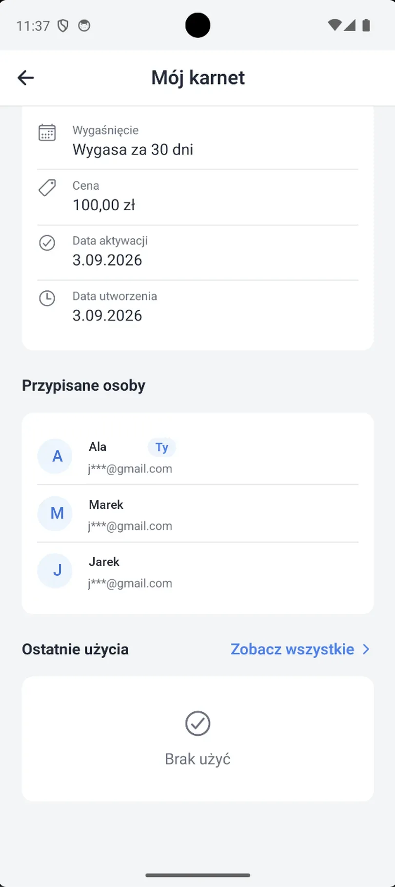 Sekcja Przypisane osoby w widoku klienta z listą osób na karnecie