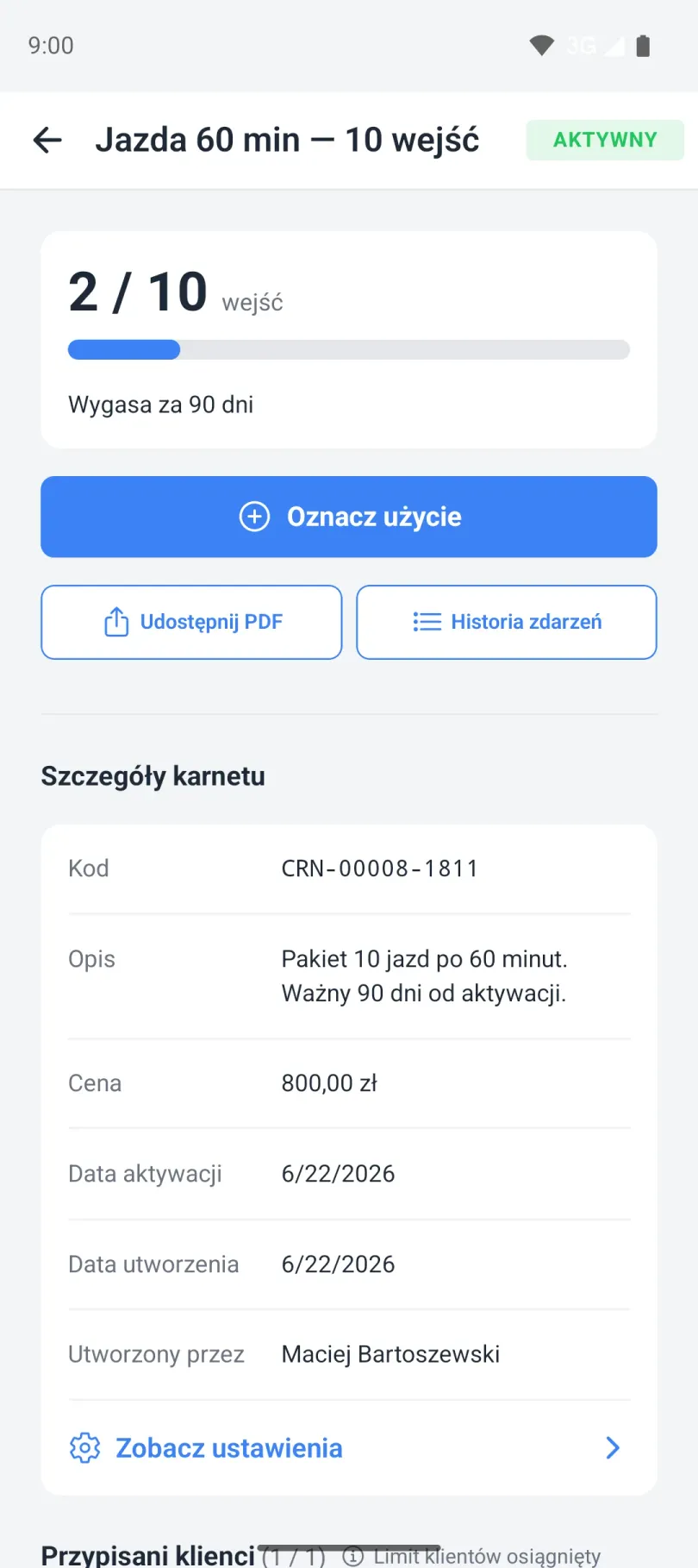 Szczegóły karnetu: kod, cena, daty, przypisani klienci