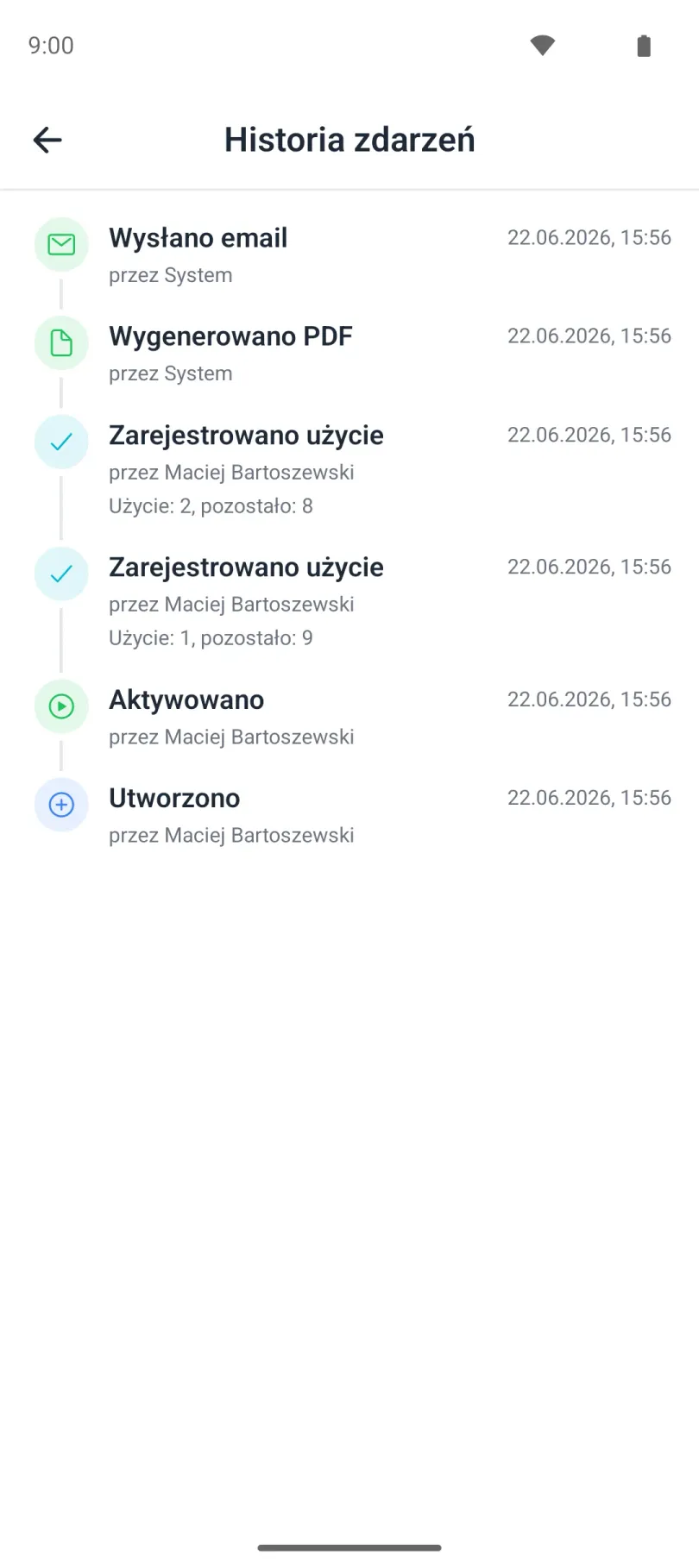 Historia zdarzeń karnetu