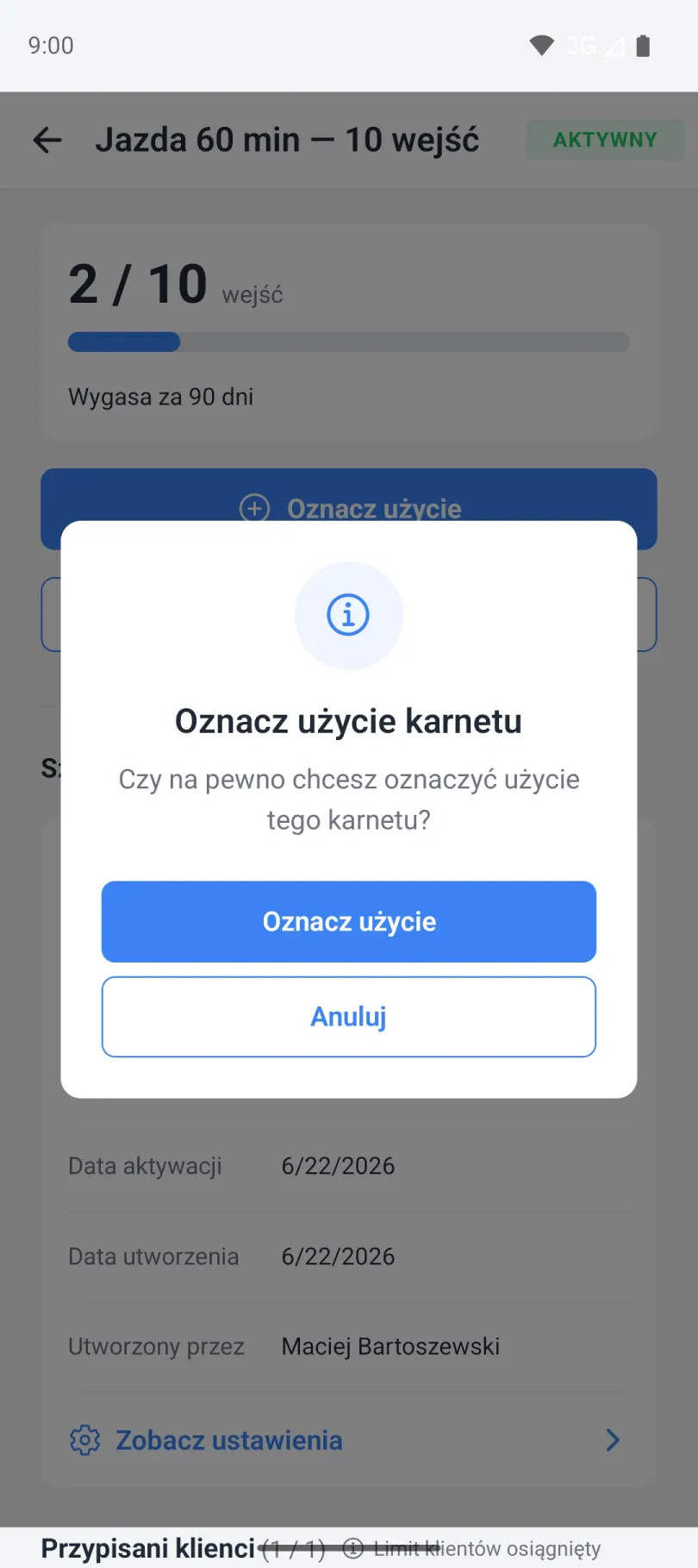 Okno potwierdzenia oznaczenia użycia karnetu