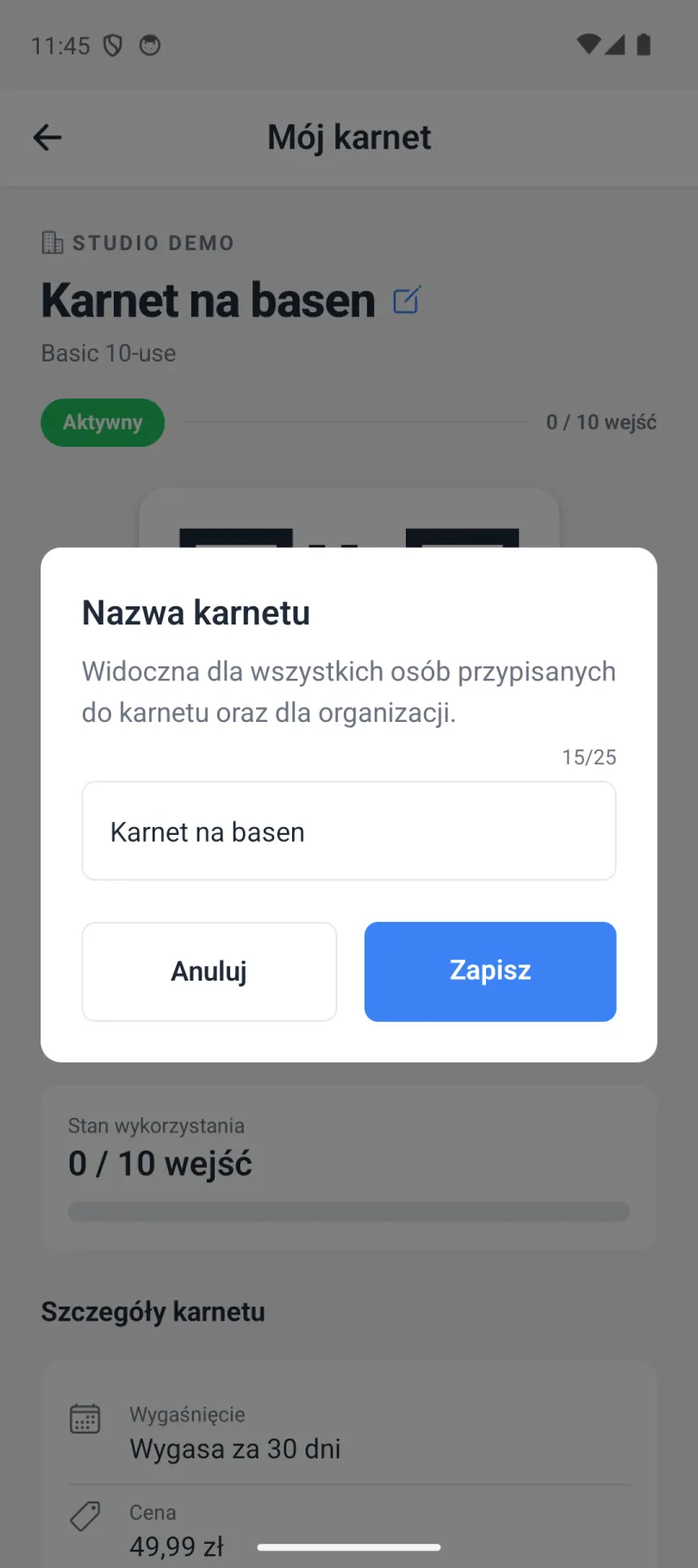Okno zmiany nazwy karnetu w widoku klienta