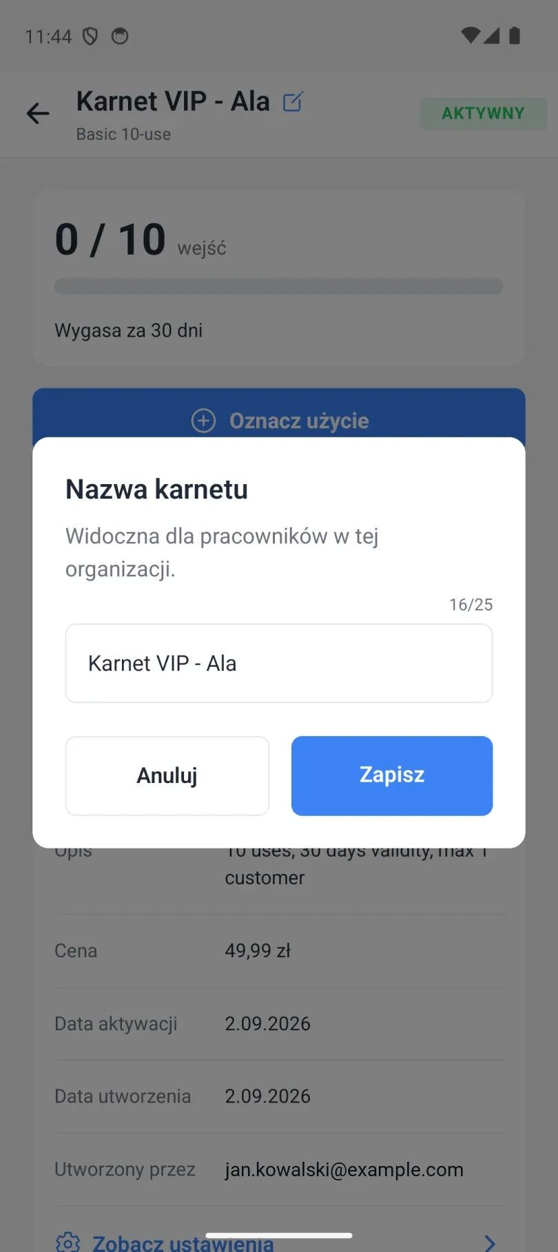 Okno zmiany nazwy karnetu w widoku organizacji