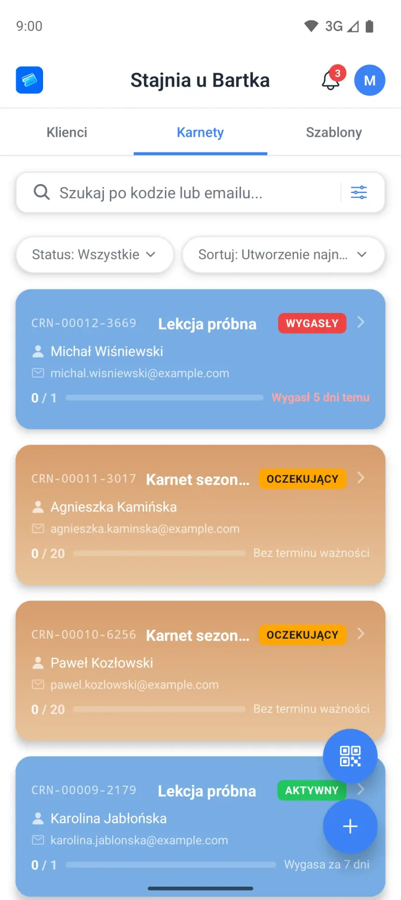Lista karnetów we wszystkich statusach