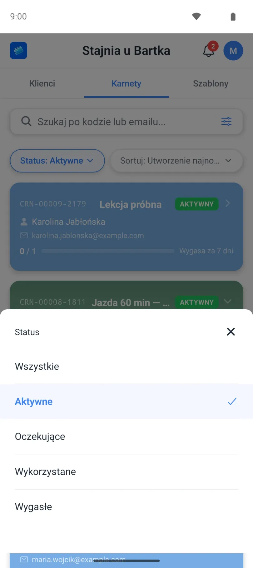 Panel filtrów listy karnetów