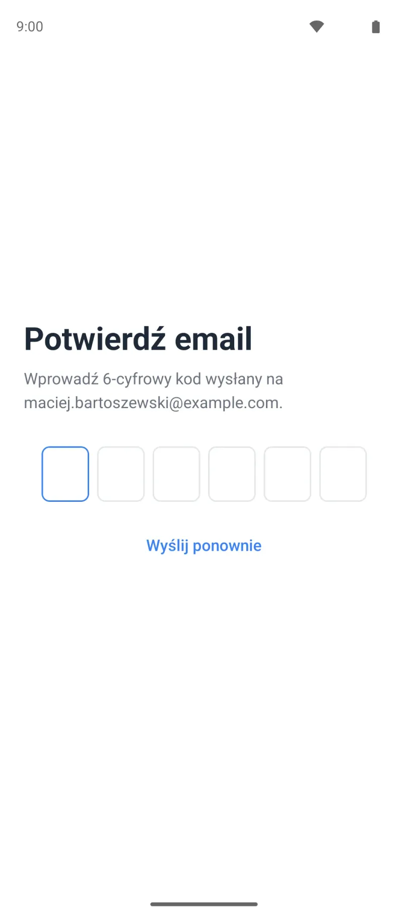 Ekran potwierdzenia email z polem na 6-cyfrowy kod
