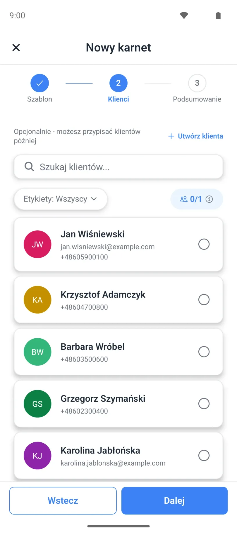 Kreator karnetu, krok przypisania klientów