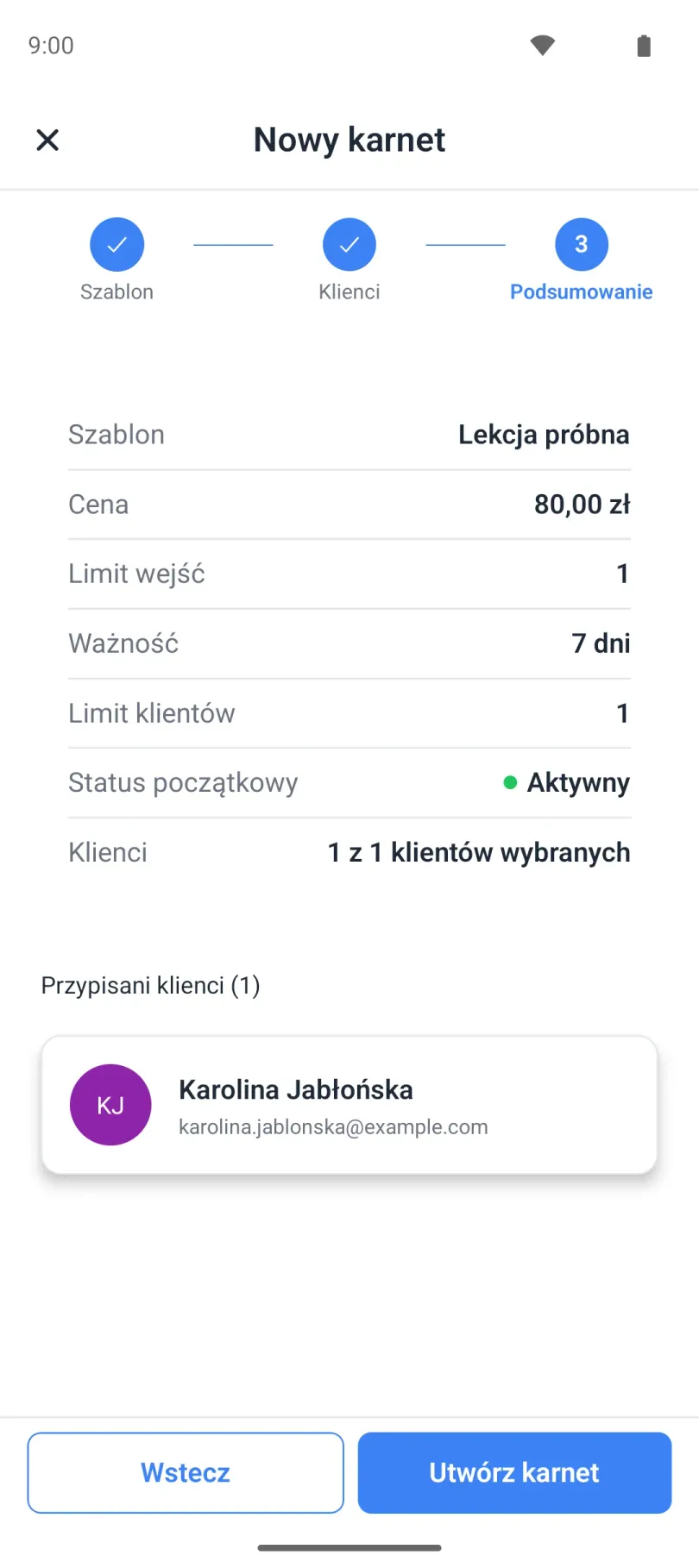 Kreator karnetu, krok podsumowania i status początkowy