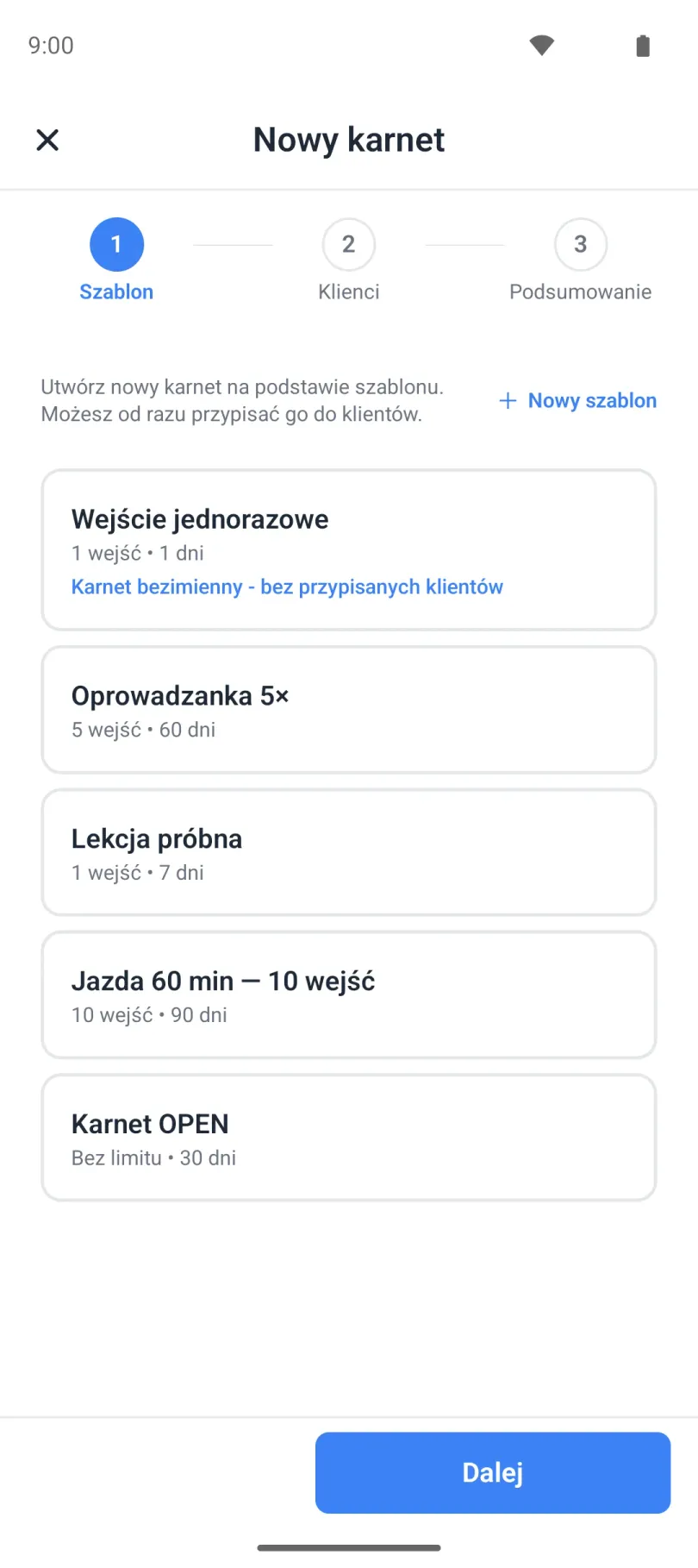 Kreator karnetu, krok wyboru szablonu