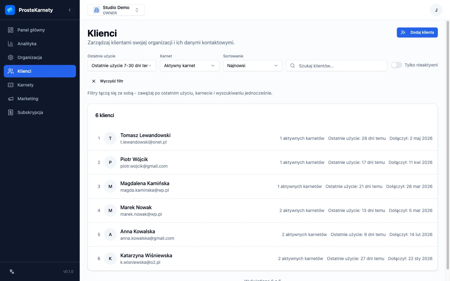 Lista Klienci z dwoma połączonymi filtrami: aktywny karnet oraz ostatnie użycie 7-30 dni temu