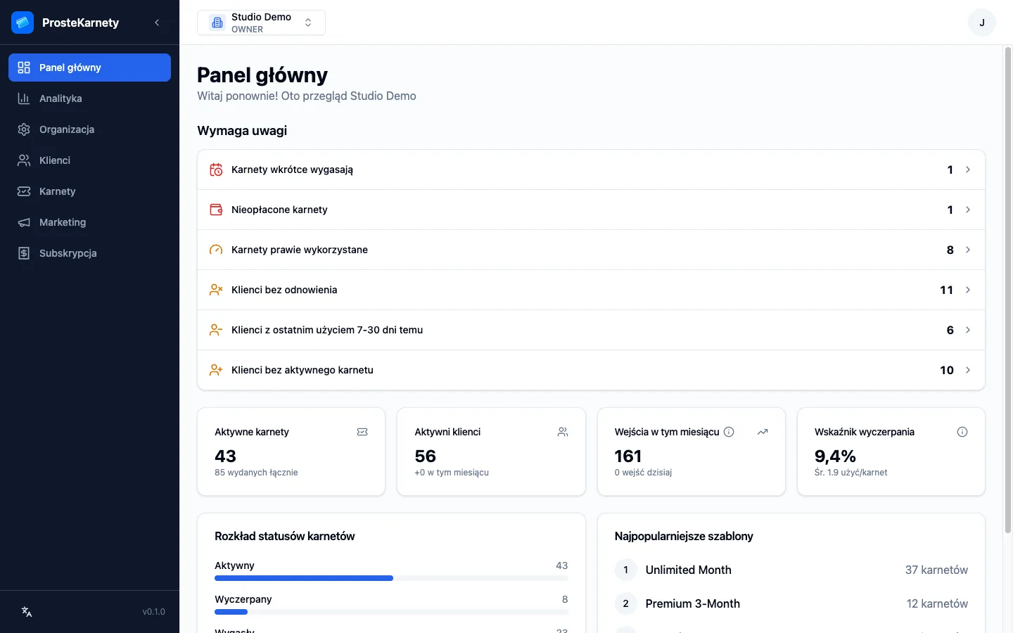 Panel główny: menu boczne, pasek Wymaga uwagi, karty z liczbami i panele