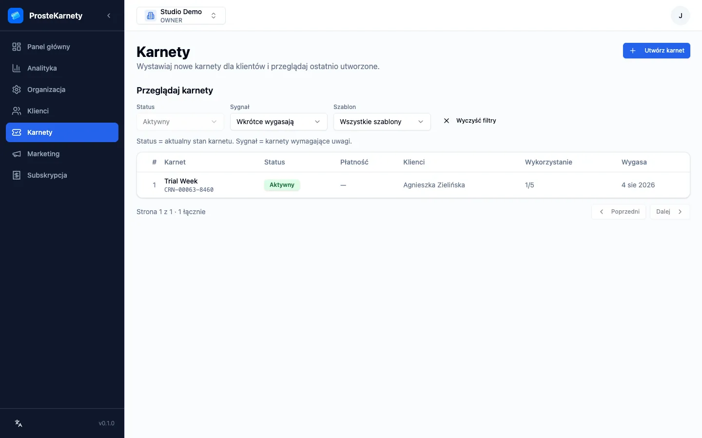 Lista Karnety przefiltrowana sygnałem Wkrótce wygasają