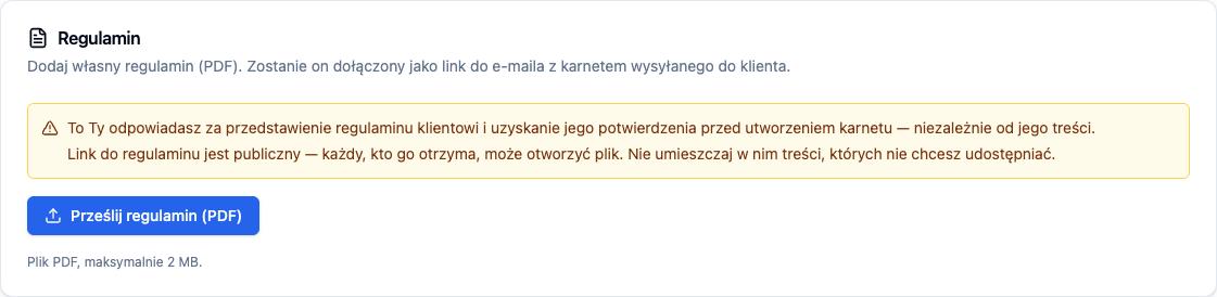 Karta Regulamin w ustawieniach organizacji: przycisk Prześlij regulamin (PDF)