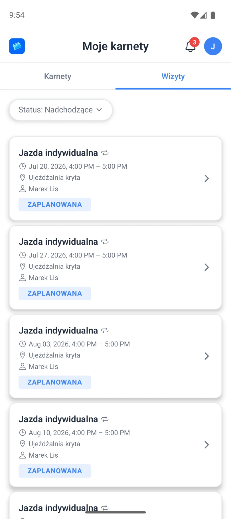 Widok klienta Moje wizyty z nadchodzącymi terminami