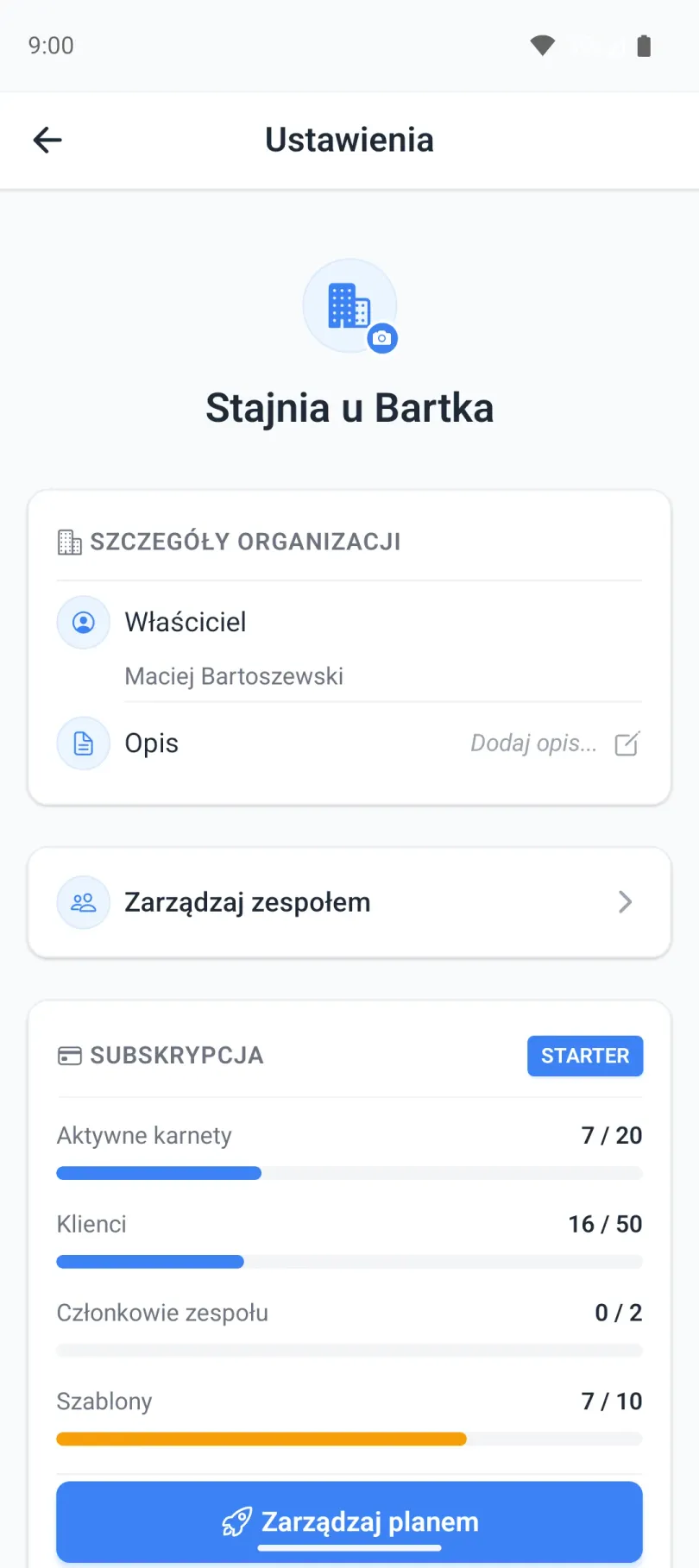 Ustawienia organizacji: szczegóły, zespół, subskrypcja