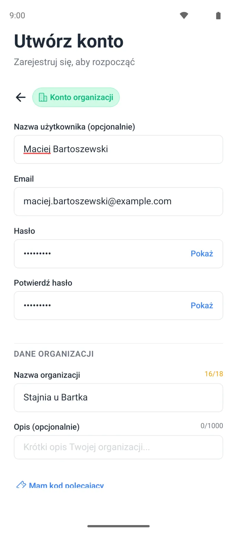 Formularz rejestracji konta organizacji