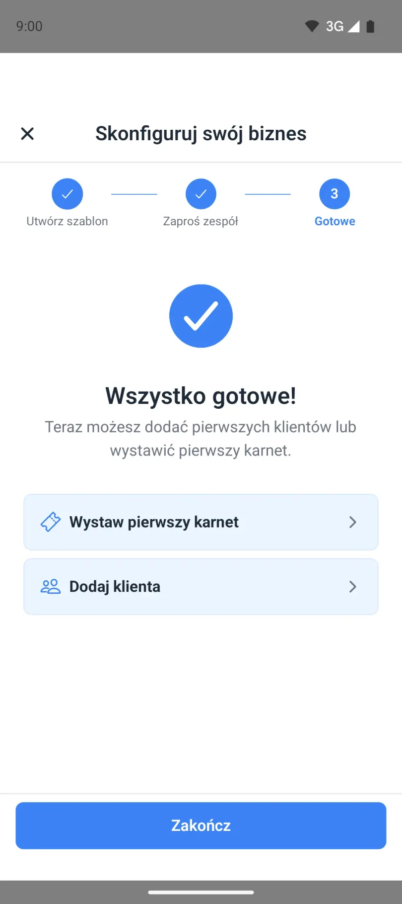 Ekran zakończenia kreatora startowego