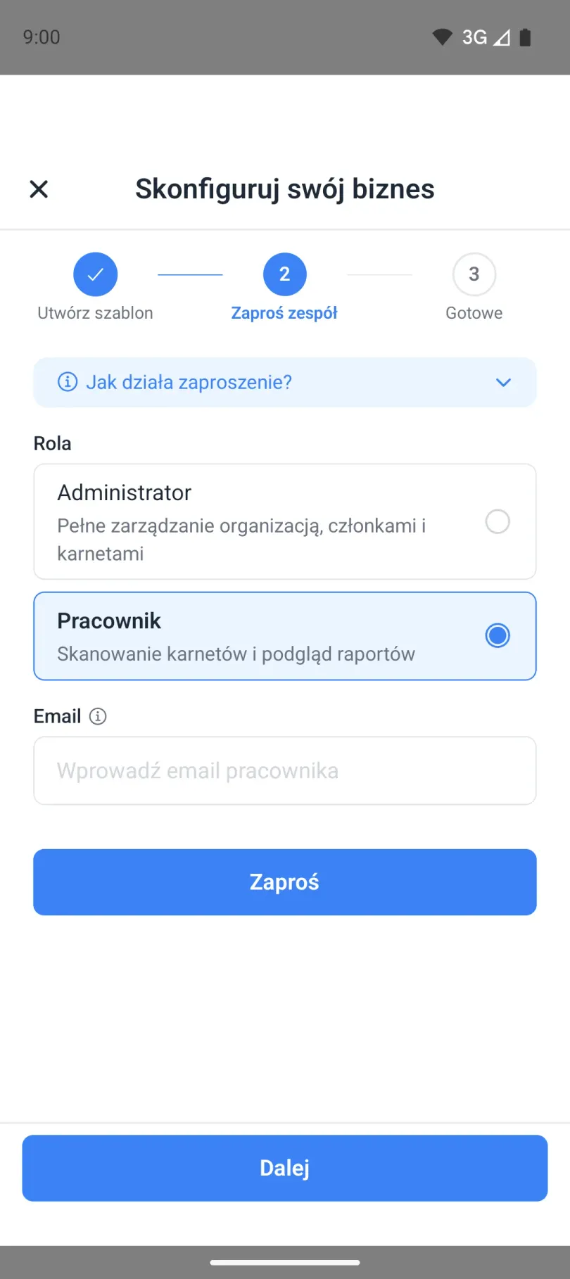 Krok kreatora: zapraszanie zespołu