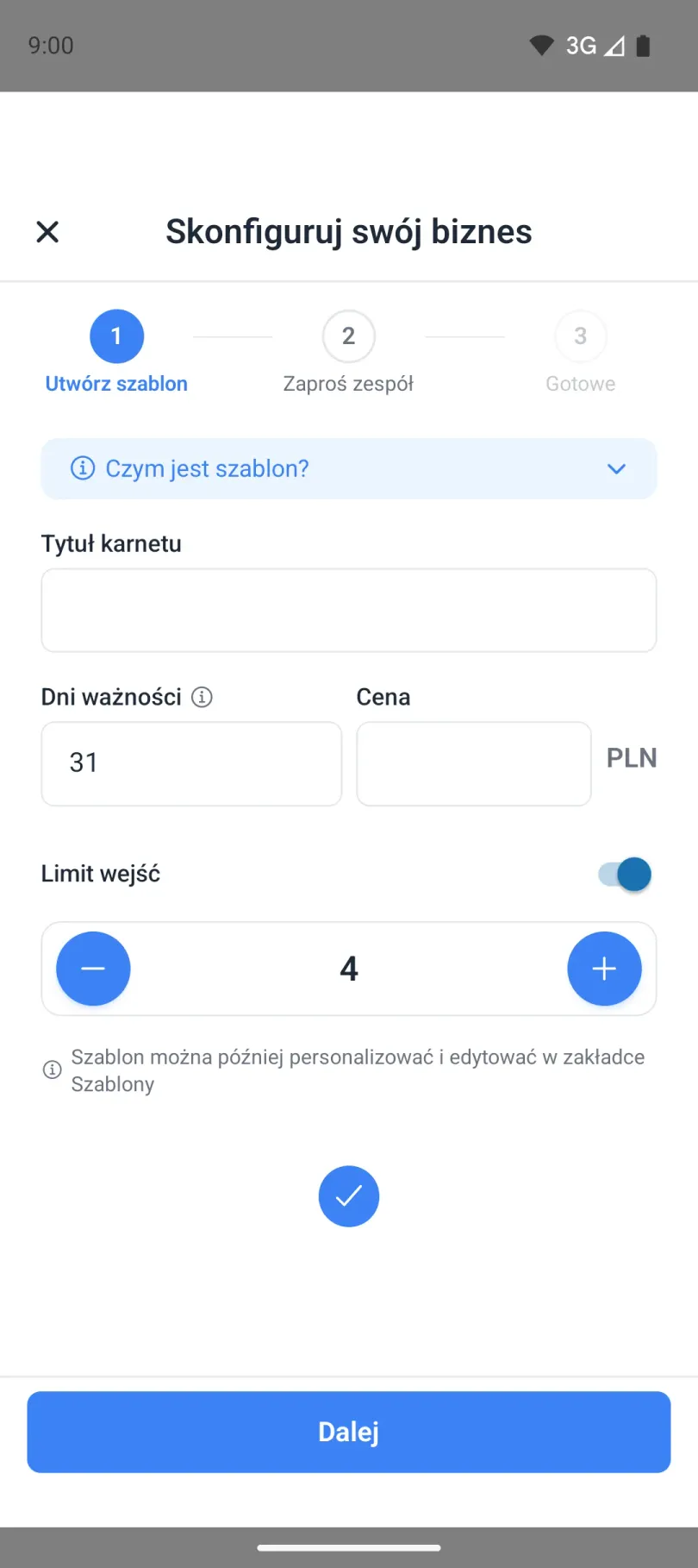 Krok kreatora: tworzenie pierwszego szablonu