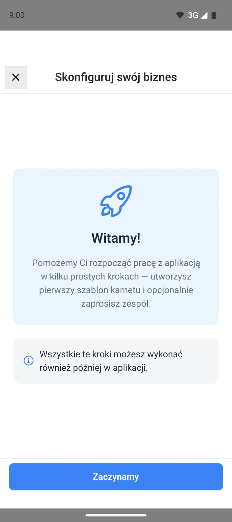 Ekran powitalny kreatora startowego