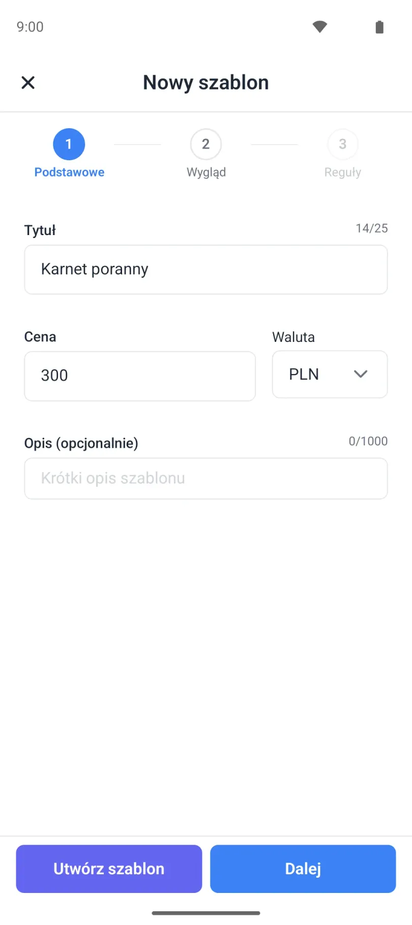 Kreator szablonu, krok Podstawowe: tytuł i cena