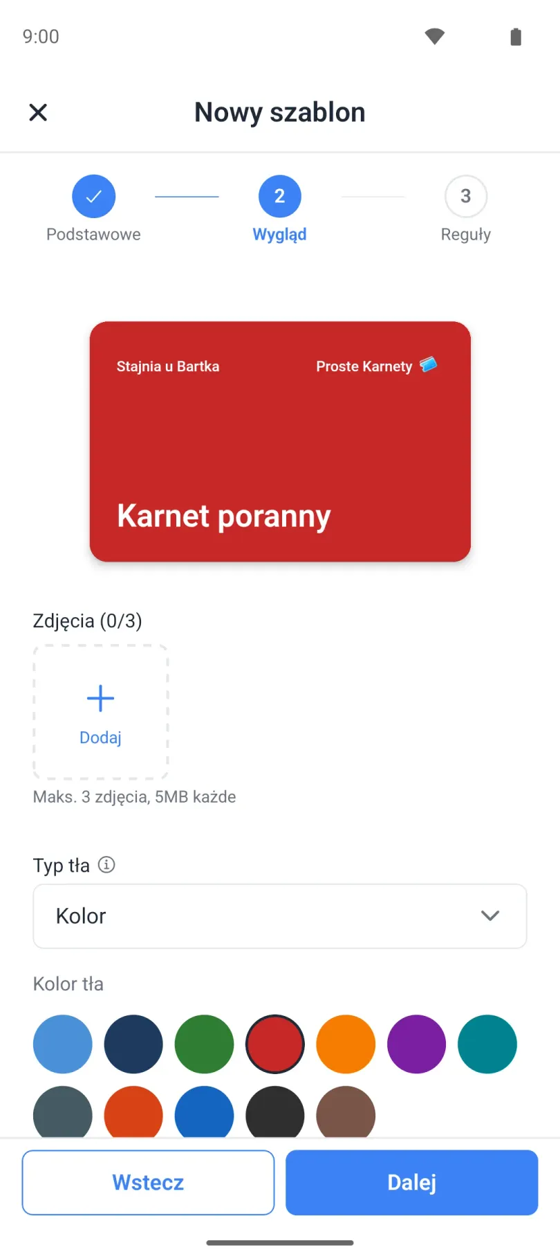 Kreator szablonu, krok Wygląd: tło i kolory karty