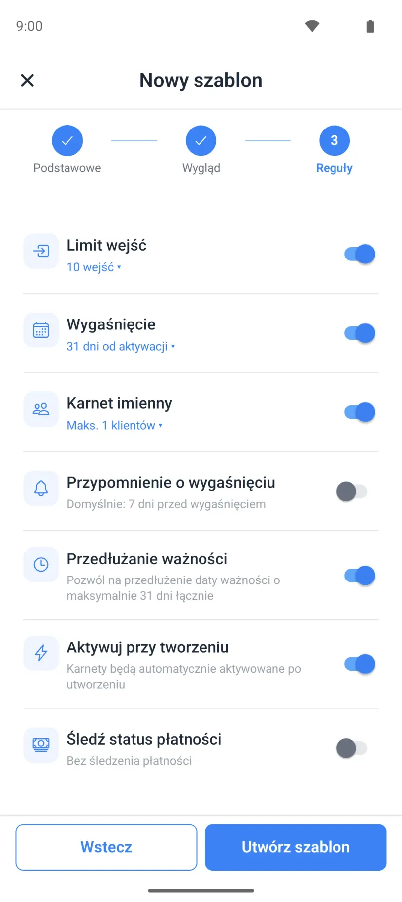 Kreator szablonu, krok Reguły: limit wejść, wygaśnięcie, opcje