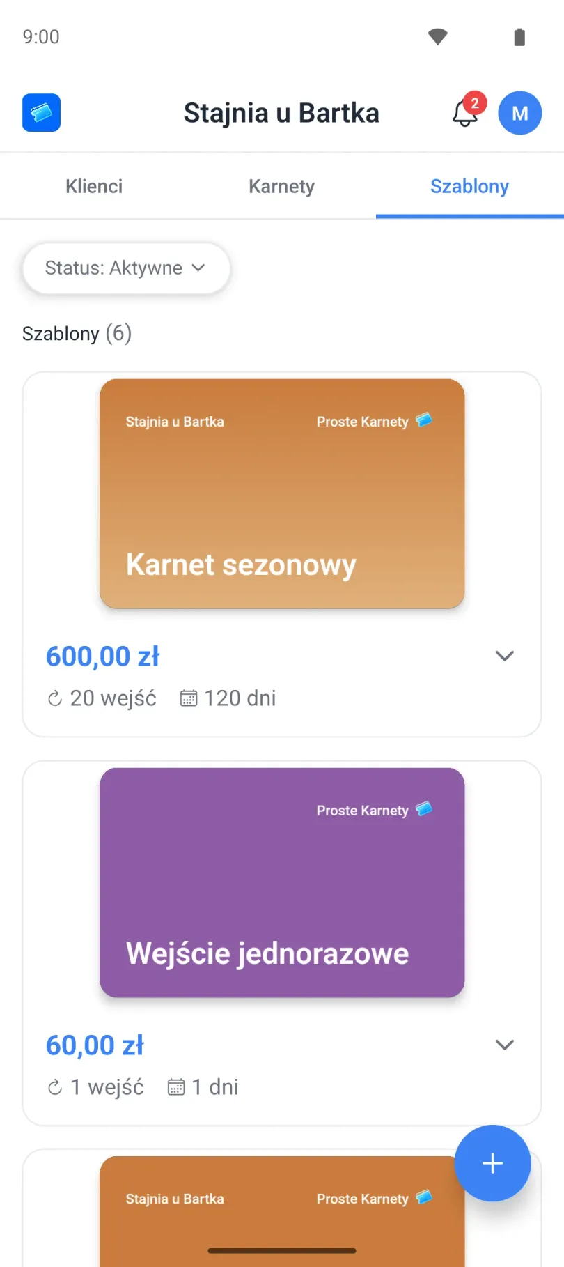 Lista szablonów karnetów